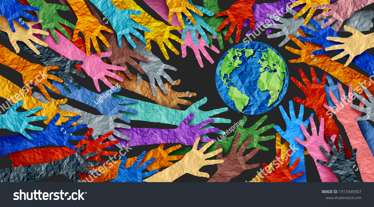 International diversity or earth day and international world culture as a concept of diversity and crowd cooperation symbol as diverse hands holding together the planet earth. #1913349307
