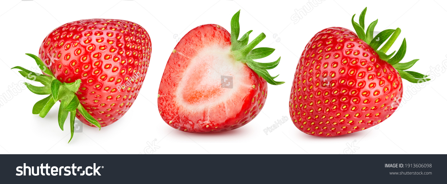 Strawberry isolated. Strawberries with leaf isolate. Whole strawberry and half on white. Strawberries collection. #1913606098