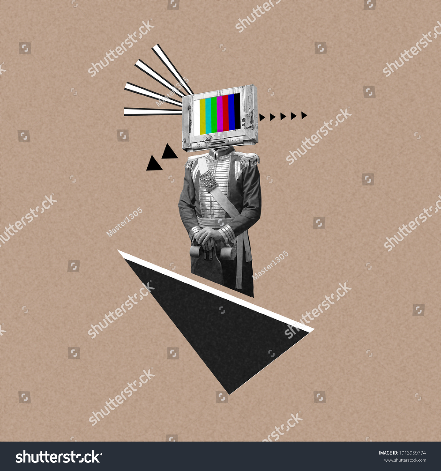 New ideas. Renaissanse man headed by old TV isolated on background. Negative space to insert your text. Modern design. Contemporary colorful and conceptual bright art collage, art collage. Visual art. #1913959774