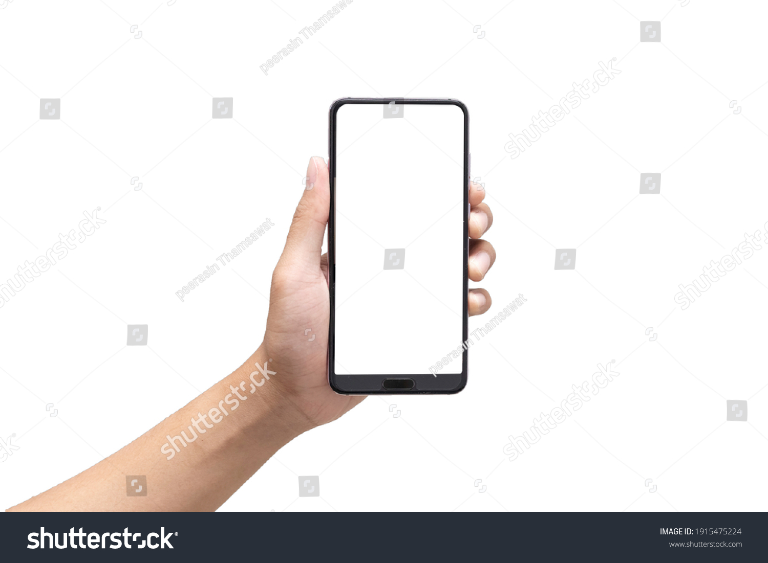 Hand holding mobile phone with blank screen on white background. Isolated. #1915475224