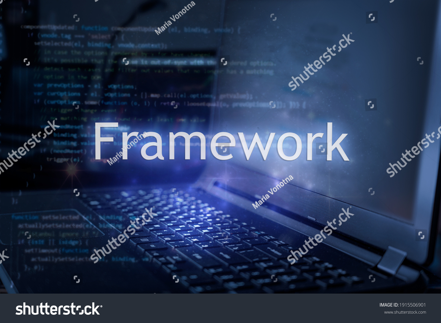 Framework inscription against laptop and code background. Technology concept. #1915506901