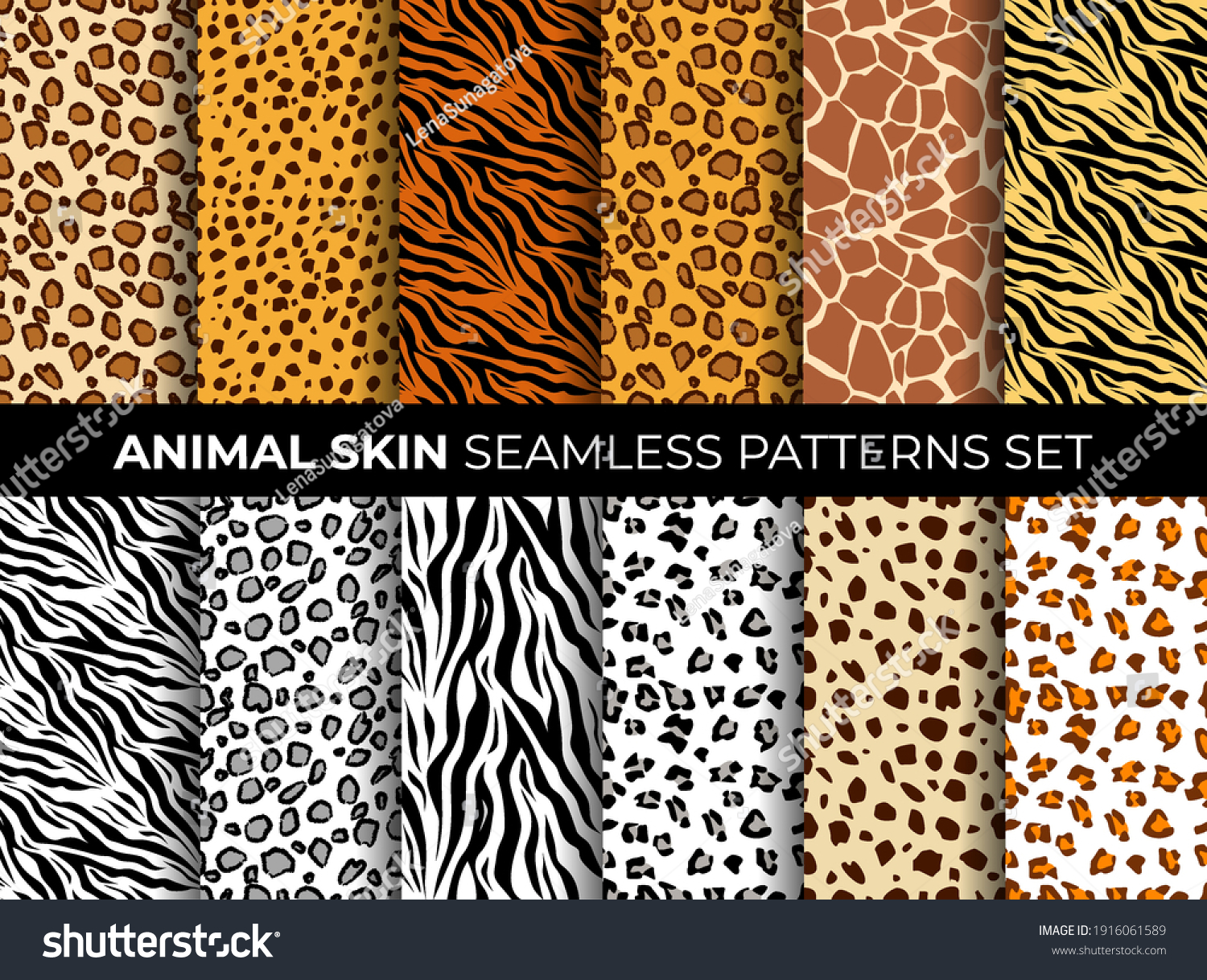 Animal skin seamless pattern set. Mammals Fur. Collection of print skins. Cheetah, Giraffe, Tiger, Zebra, Leopard, Jaguar. Printable Background. Vector illustration. #1916061589