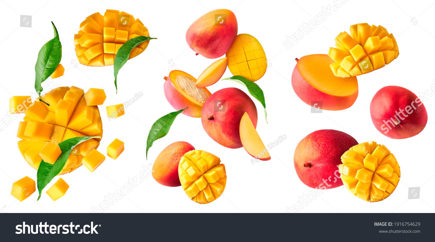 A set with Fresh ripe mango with leaves falling in the air isolated on white background. Food levitation concept. High resolution image #1916754629
