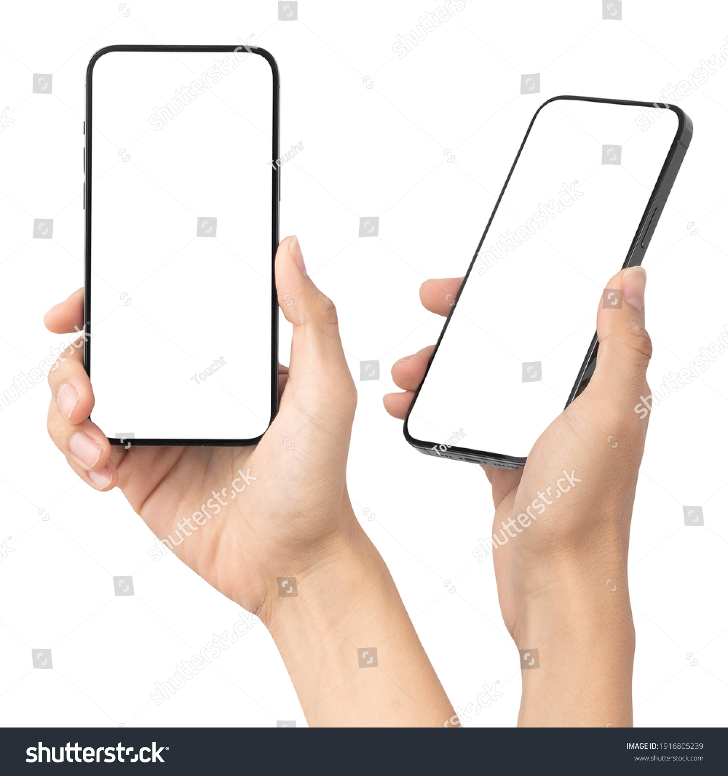 Set of man hand holding the black smartphone with blank screen isolated on white background with clipping path, Can use mock-up for your application or website design project. #1916805239