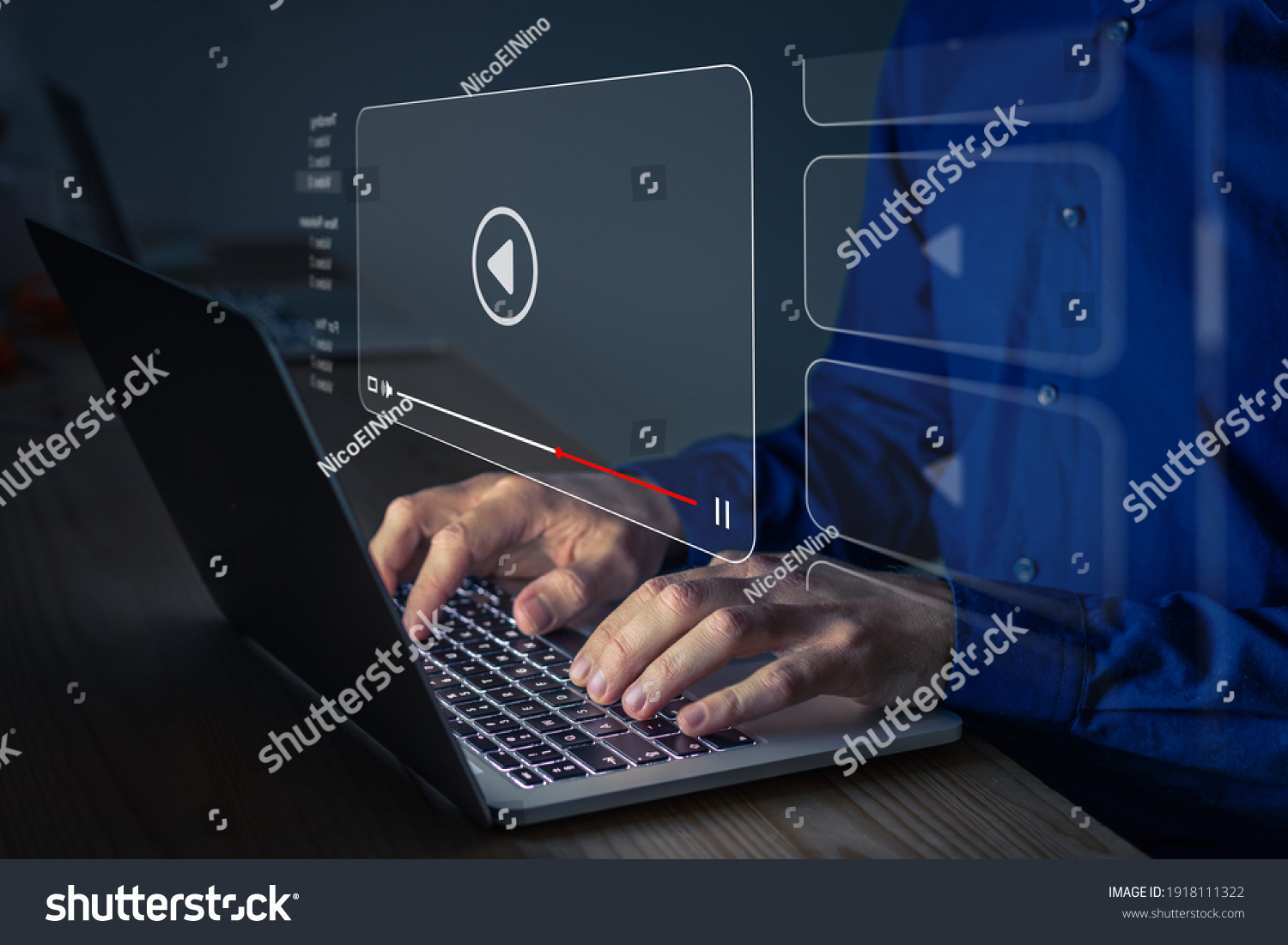 Video streaming on internet. Person watching online movie or TV series on laptop computer screen. Concept about subscription based live digital stream or channels, multimedia player with play button #1918111322