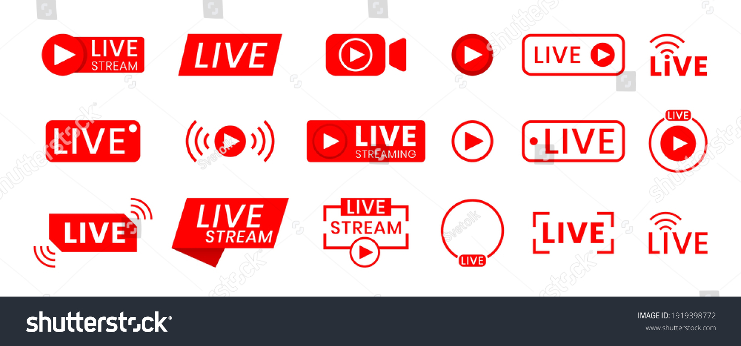 Collection of live streaming icons. Buttons for broadcasting, livestream or online stream. Template for tv, online channel, live breaking news, social media #1919398772