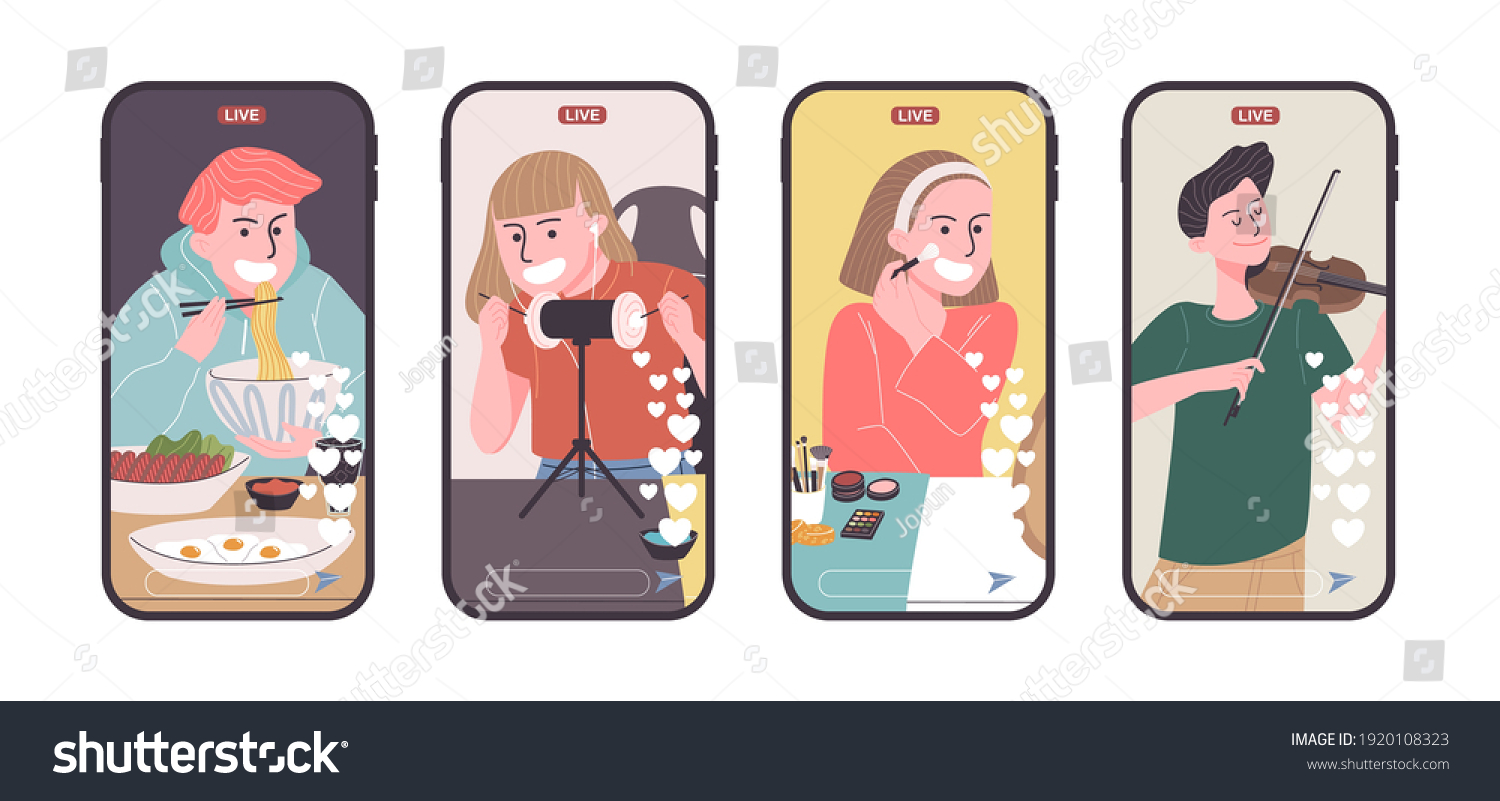 Set of video creator broadcasting on smart phone in flat style. Vector illustration of cartoon character Mukbung, ASMRtist,  Beauty blogger and musician live streaming the vlog. #1920108323