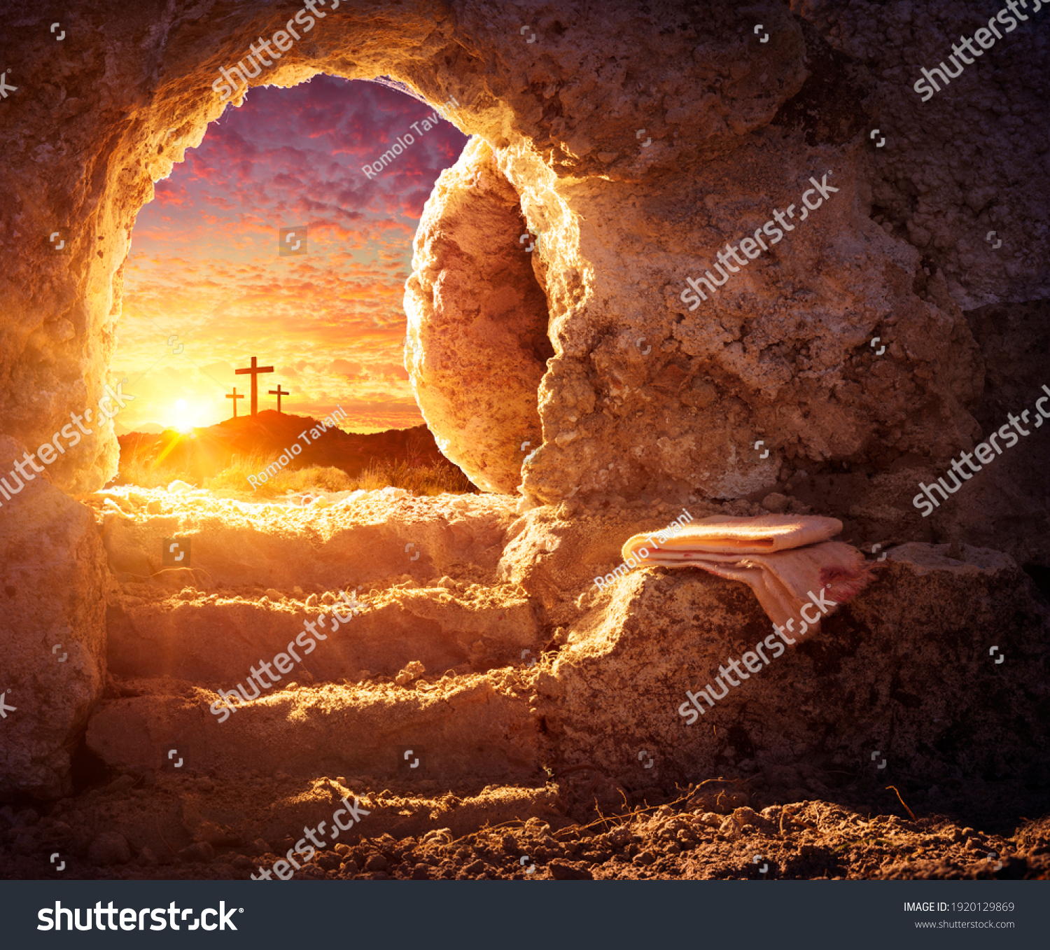 Empty Tomb With Crucifixion At Sunrise - Resurrection Concept #1920129869