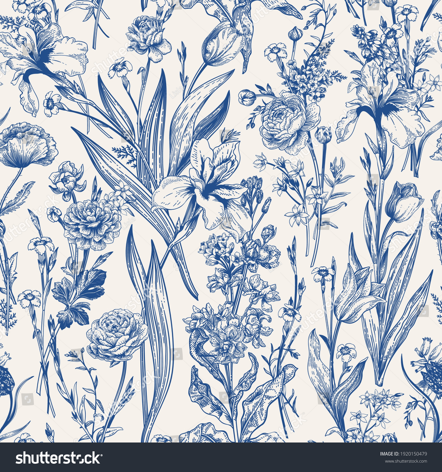 Floral seamless pattern. Flowering. Garden summer and spring flowers. Blue. #1920150479