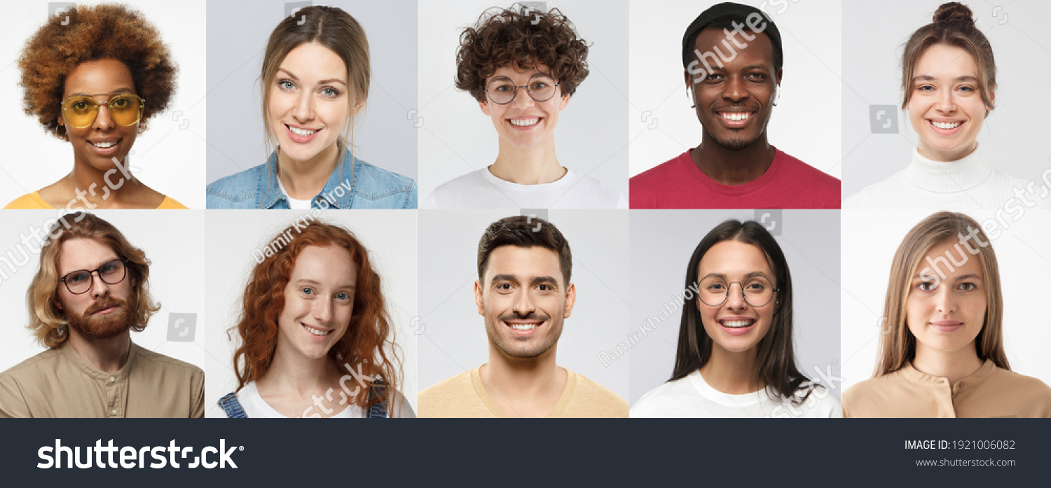 Collage of portraits and faces of multiracial millennial group of various smiling young people, good use for userpic and profile picture. Diversity concept  #1921006082
