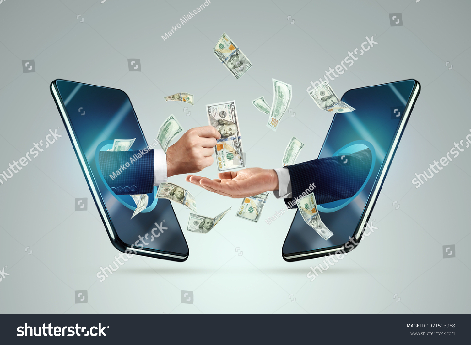 Hand from a smartphone transfers money to another hand. Online money transactions, mobile payments using a smartphone. Concept Financial growth, passive income, online business, dividends #1921503968