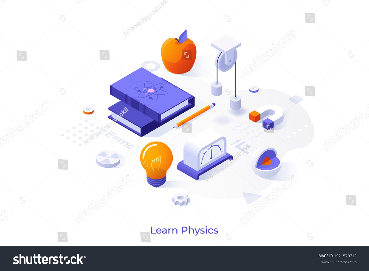 Conceptual template with books and scientific laboratory tools or instruments. Scene for learning physics, studying science, physical research. Modern isometric vector illustration for website. #1921570712
