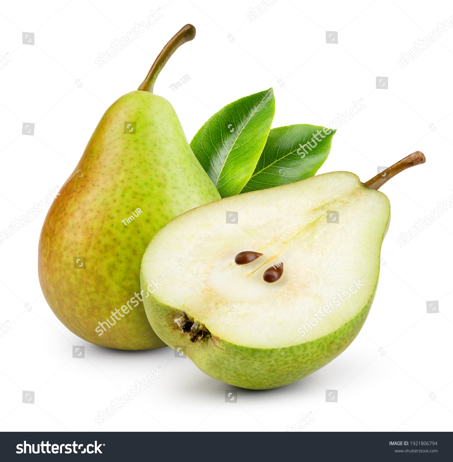 Pears isolated. One and a half green pear fruit with leaf on white background. With clipping path. Full depth of field.  #1921806794