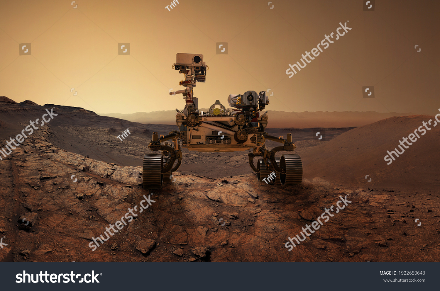  Mars 2020 Perseverance Rover is exploring surface of Mars. Perseverance rover Mission Mars exploration of red planet. Space exploration, science concept. .Elements of this image furnished by NASA. #1922650643