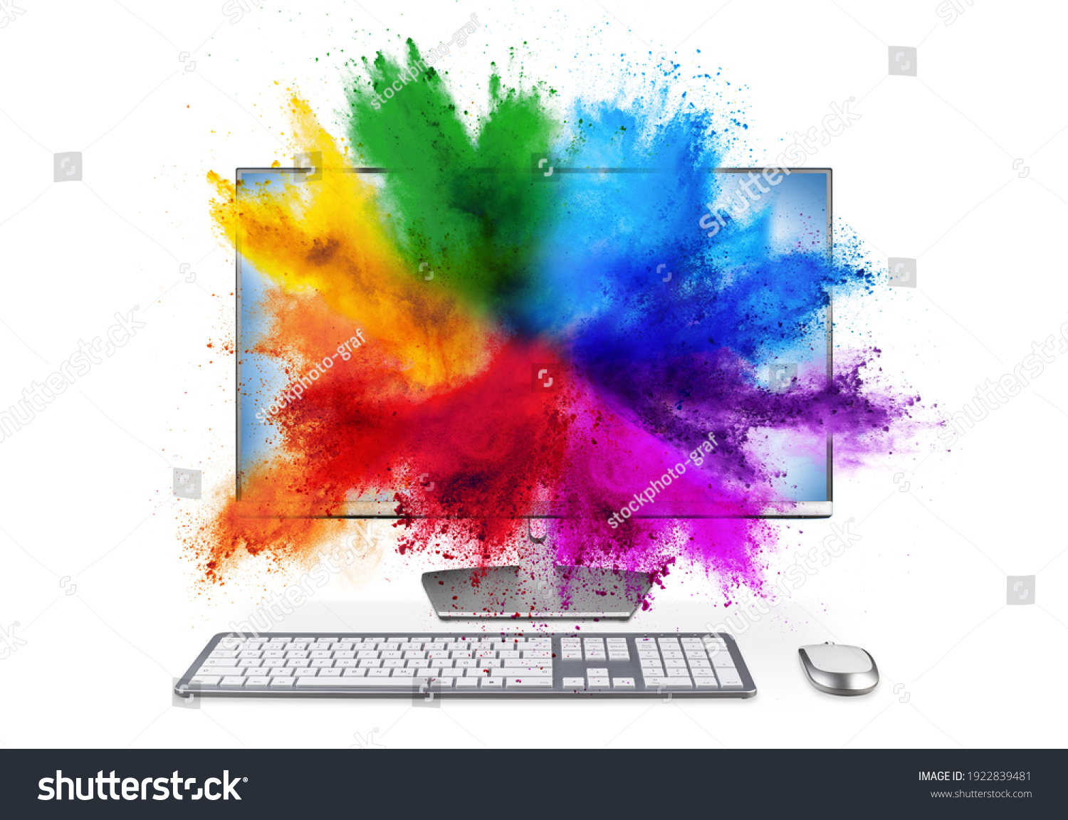 modern black silver pc monitor with mouse and keyboard colorful rainbow holi powder cloud explosion through screen isolated on white background. computer multimedia abstract art streaming concept. #1922839481