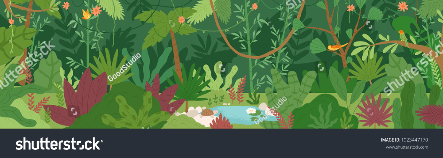 Horizontal landscape of tropical jungle. Panoramic view of dense forest with palms and lianas. Exotic colorful scenery of green rainforest with foliage plants. Colored flat vector illustration #1923447170