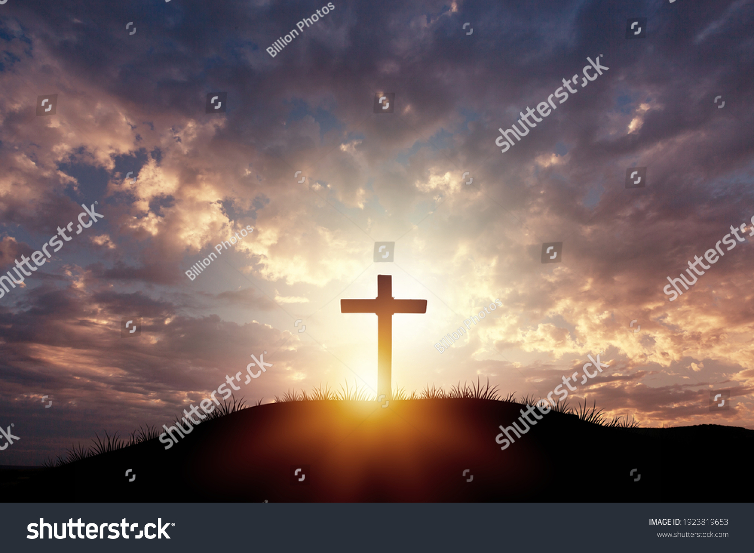 Holy concept: Silhouette wooden cross on  mountain sunset background #1923819653