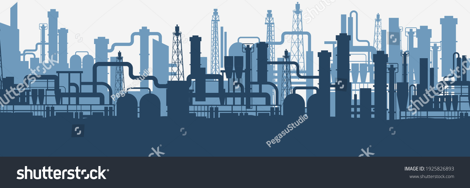 Industrial factories silhouette background. Blue oil refinery complex with pipes and tanks gas production rigs with endless steel vector landscape. #1925826893