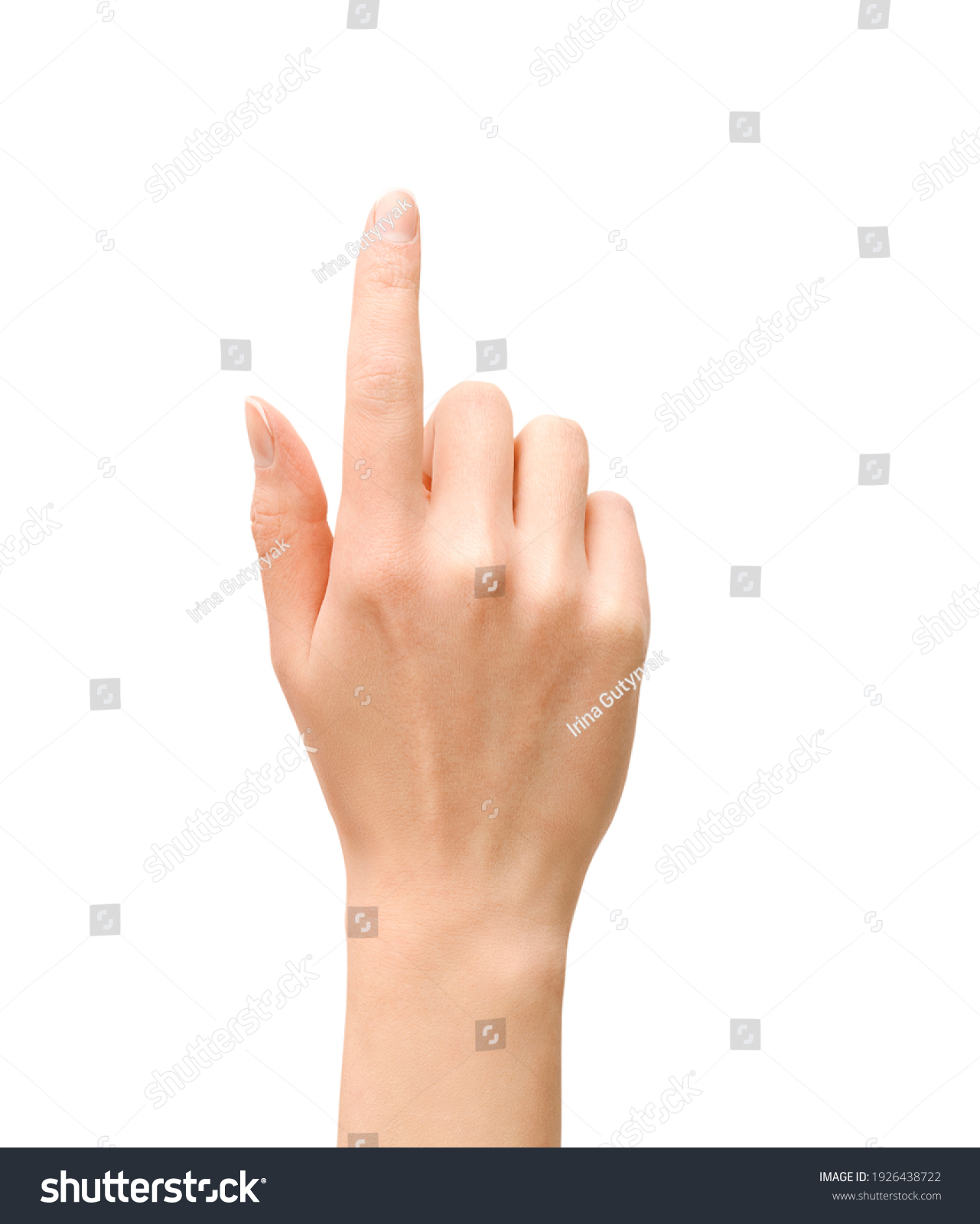 female hand pointing upwards on isolated white background #1926438722