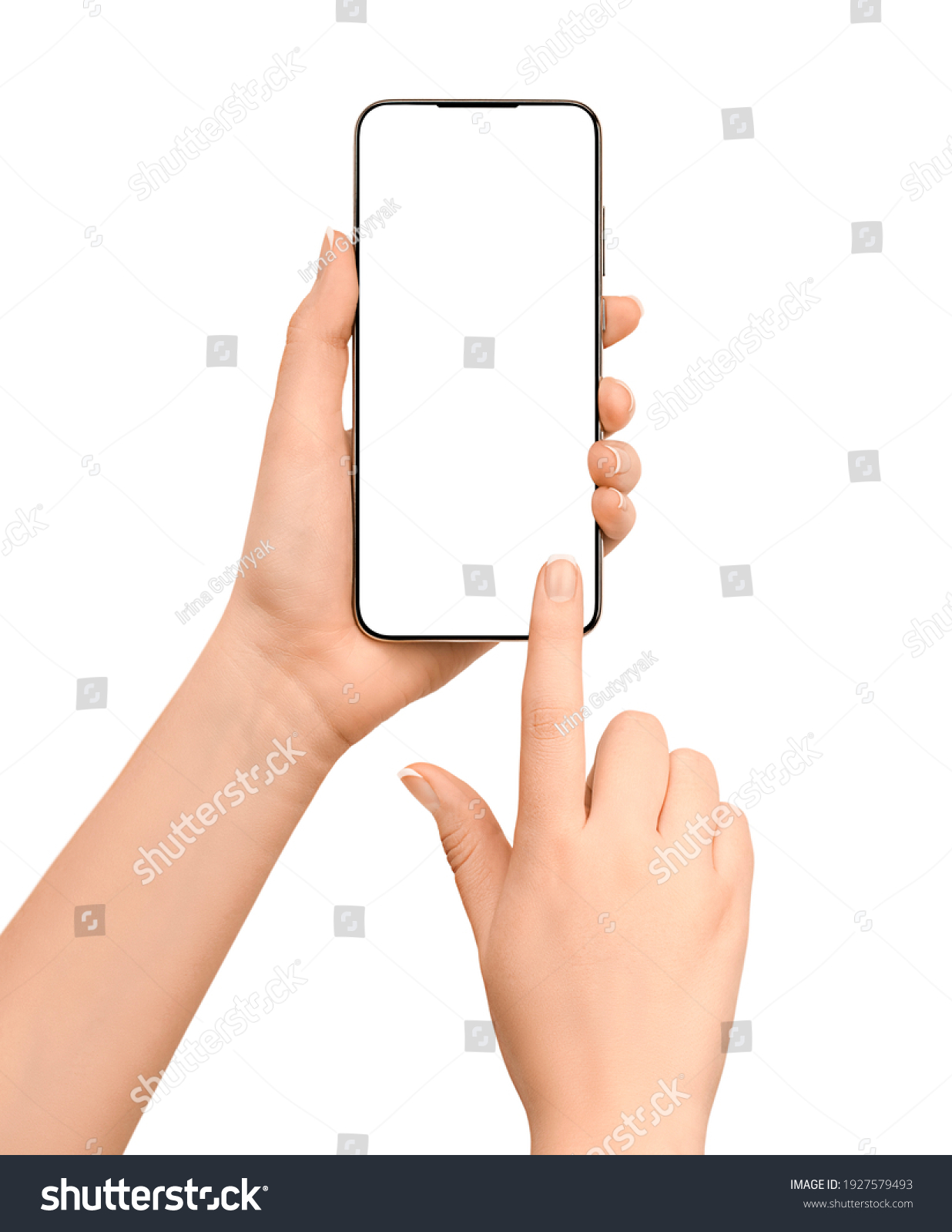 touching smartphone screen with copy space. female hands and smartphone isolated on white background #1927579493