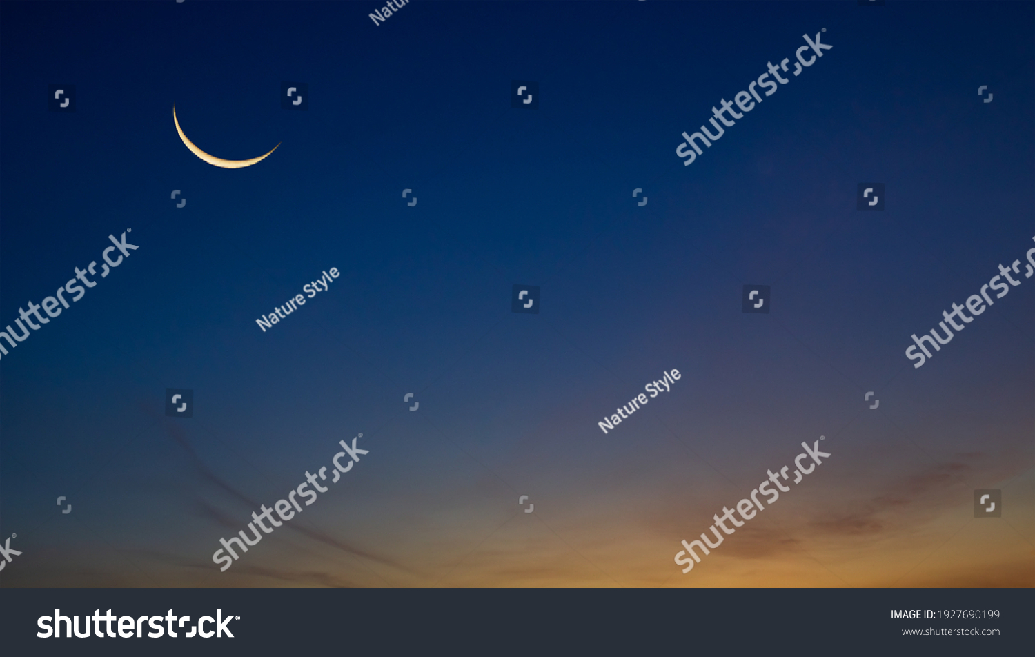 Night Sky with Crescent Moon and Stars Shining, Landscape Dramatic Dark Blue, Purple and OrangeSky, Beautiful Panoramic view of Dusk Sky Twilight Natural background #1927690199