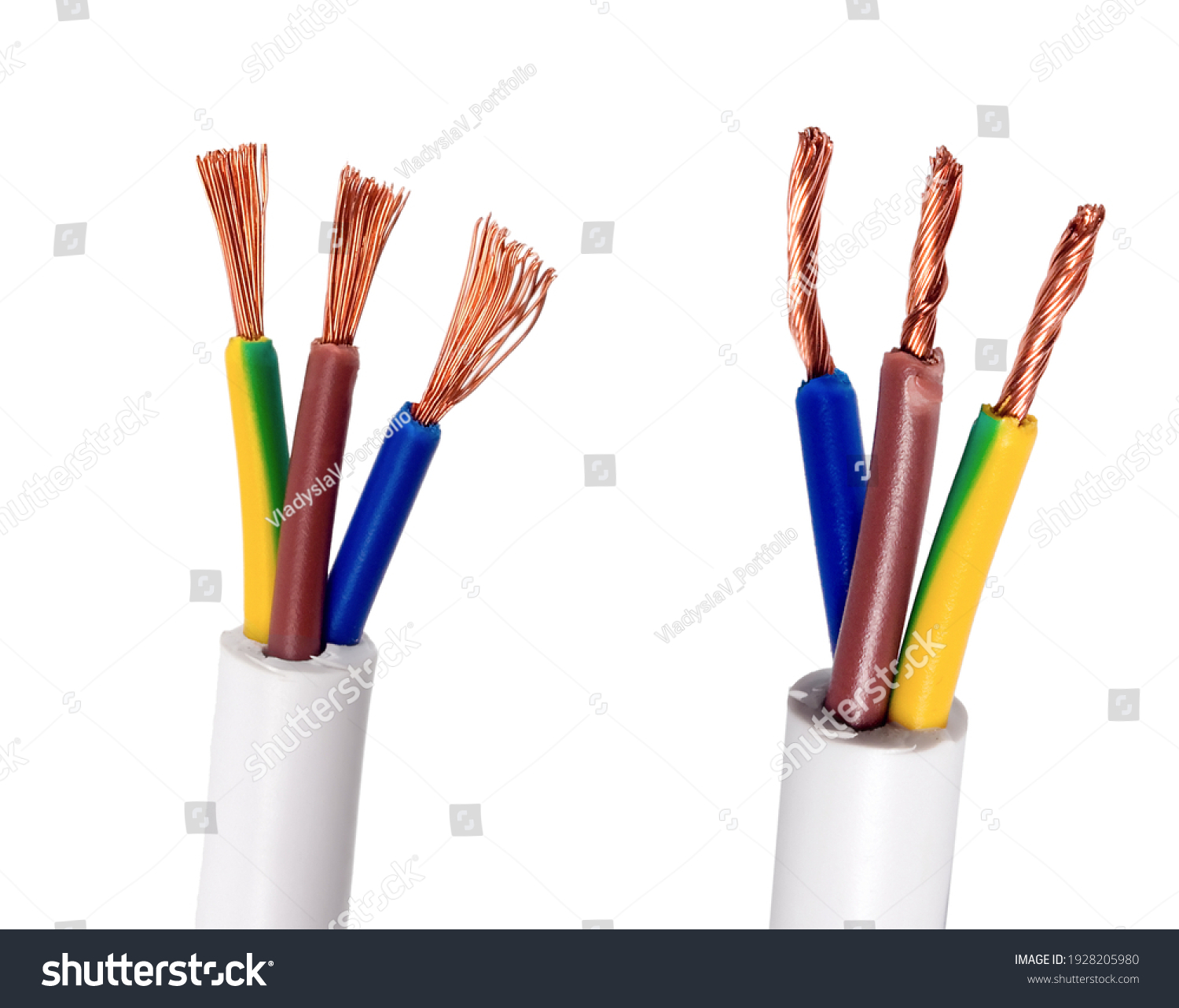 Cable Electrical power wire copper isolated on white background. Electric cable multi-colored installation #1928205980