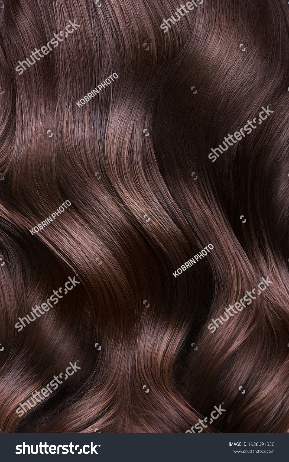 A closeup view of a bunch of shiny curls brown hair. #1928691536