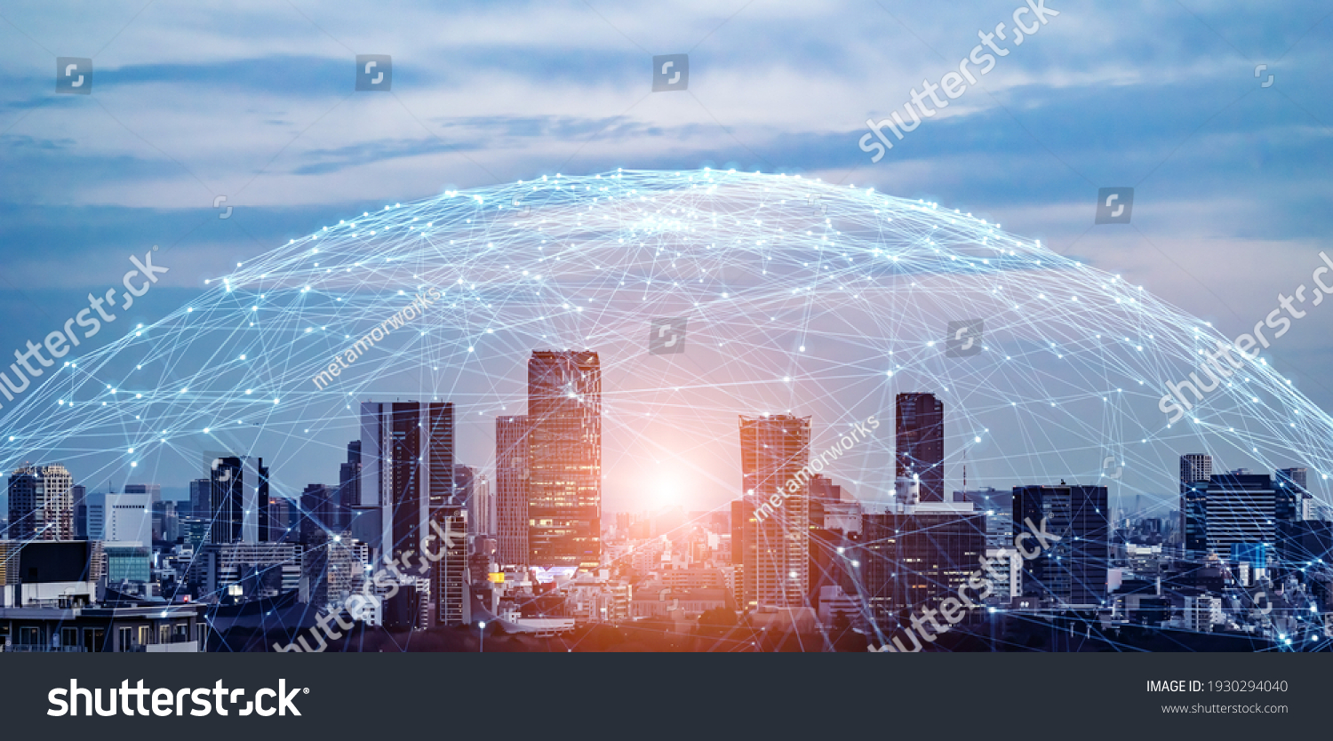 Modern cityscape and communication network concept. Telecommunication. IoT (Internet of Things). ICT (Information communication Technology). 5G. Smart city. Digital transformation. #1930294040