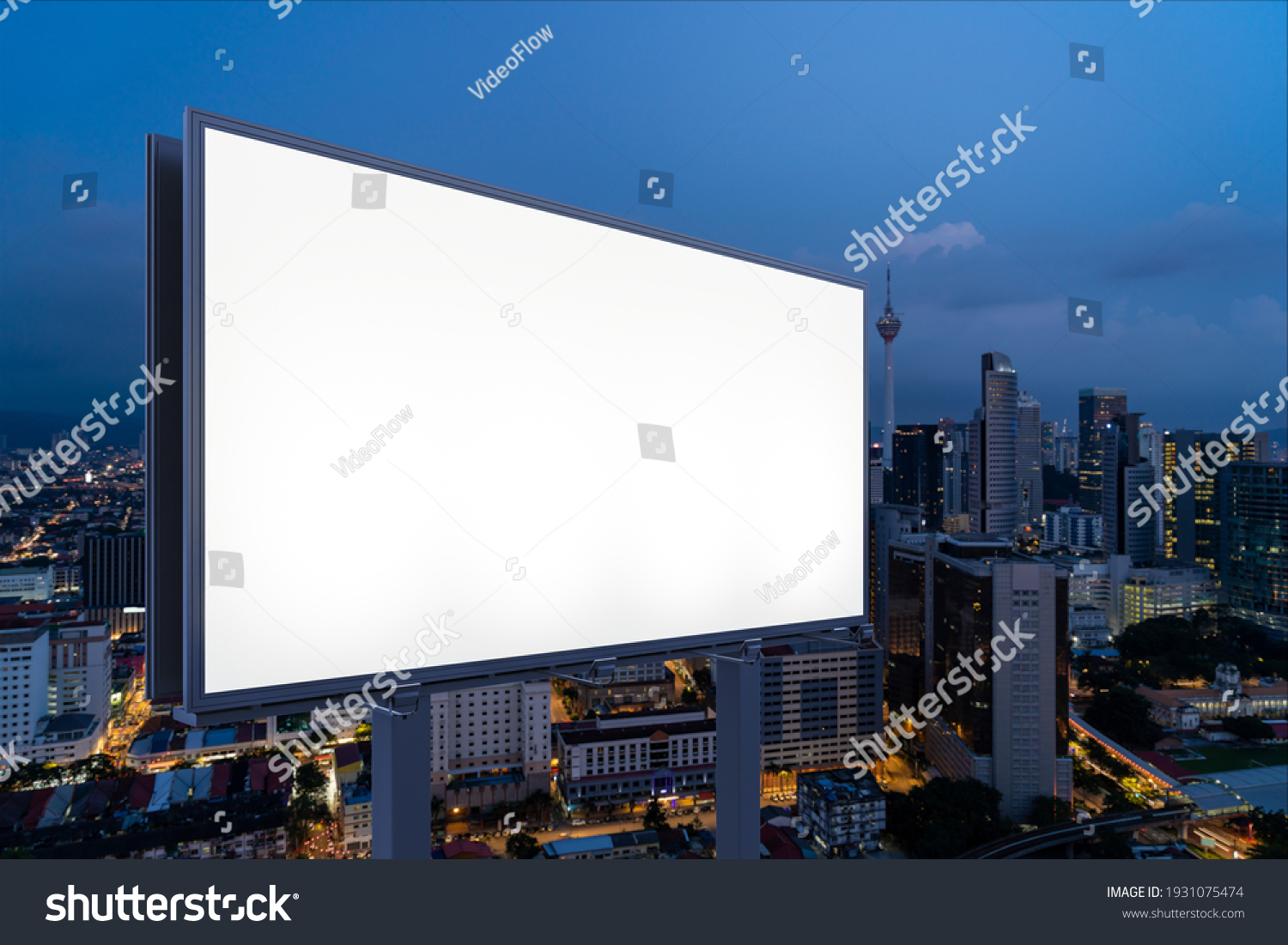 Blank white road billboard with KL cityscape background at night time. Street advertising poster, mock up, 3D rendering. Side view. The concept of marketing communication to promote or sell idea. #1931075474