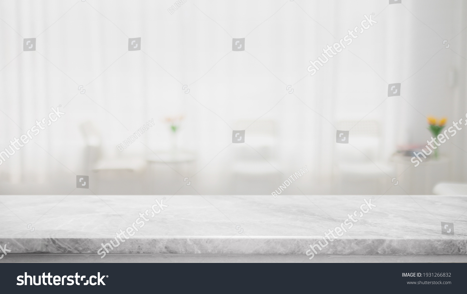 Empty white marble stone table top and blur glass window interior cafe and restaurant banner mock up abstract background - can used for display or montage your products. #1931266832