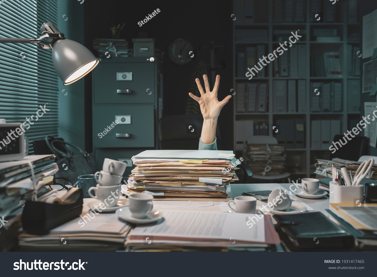 Desperate office worker overwhelmed with paperwork, she is asking help with her hand #1931417465