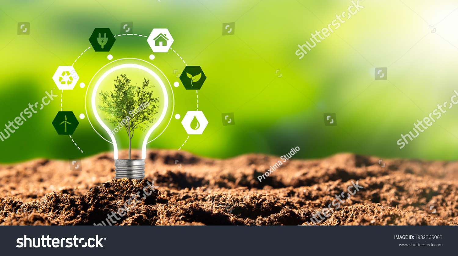 Environmental protection, renewable, sustainable energy sources. Plant growing in the bulb concept #1932365063