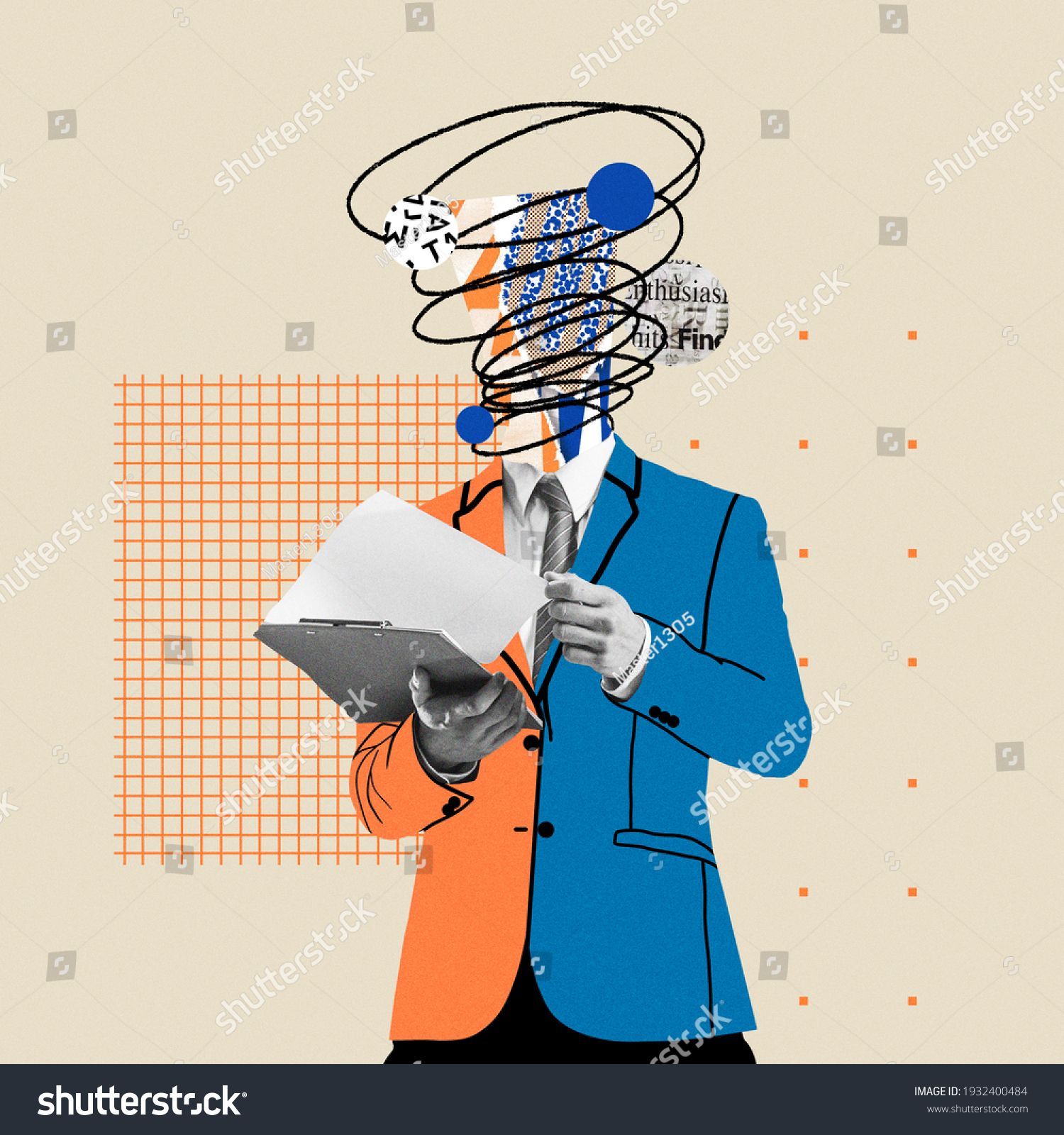 Preparing reports. Comics styled bright orange and blue suit. Modern design, contemporary art collage. Inspiration, idea concept, trendy urban magazine style. Negative space to insert your text or ad. #1932400484