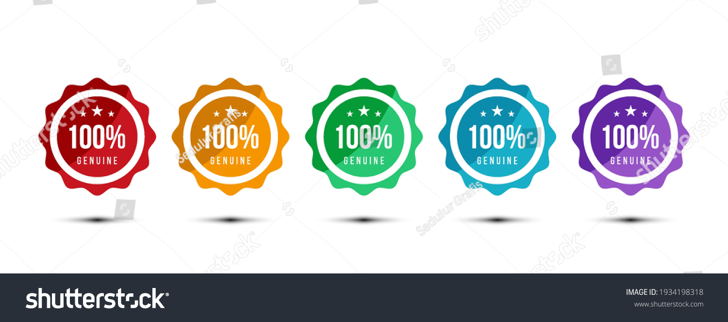 100% genuine logo or icon badge with stars in rounded guarantee shape. Get used to Certified, Guarantee, Warranty, Assurance, etc. Vector illustration design template. #1934198318