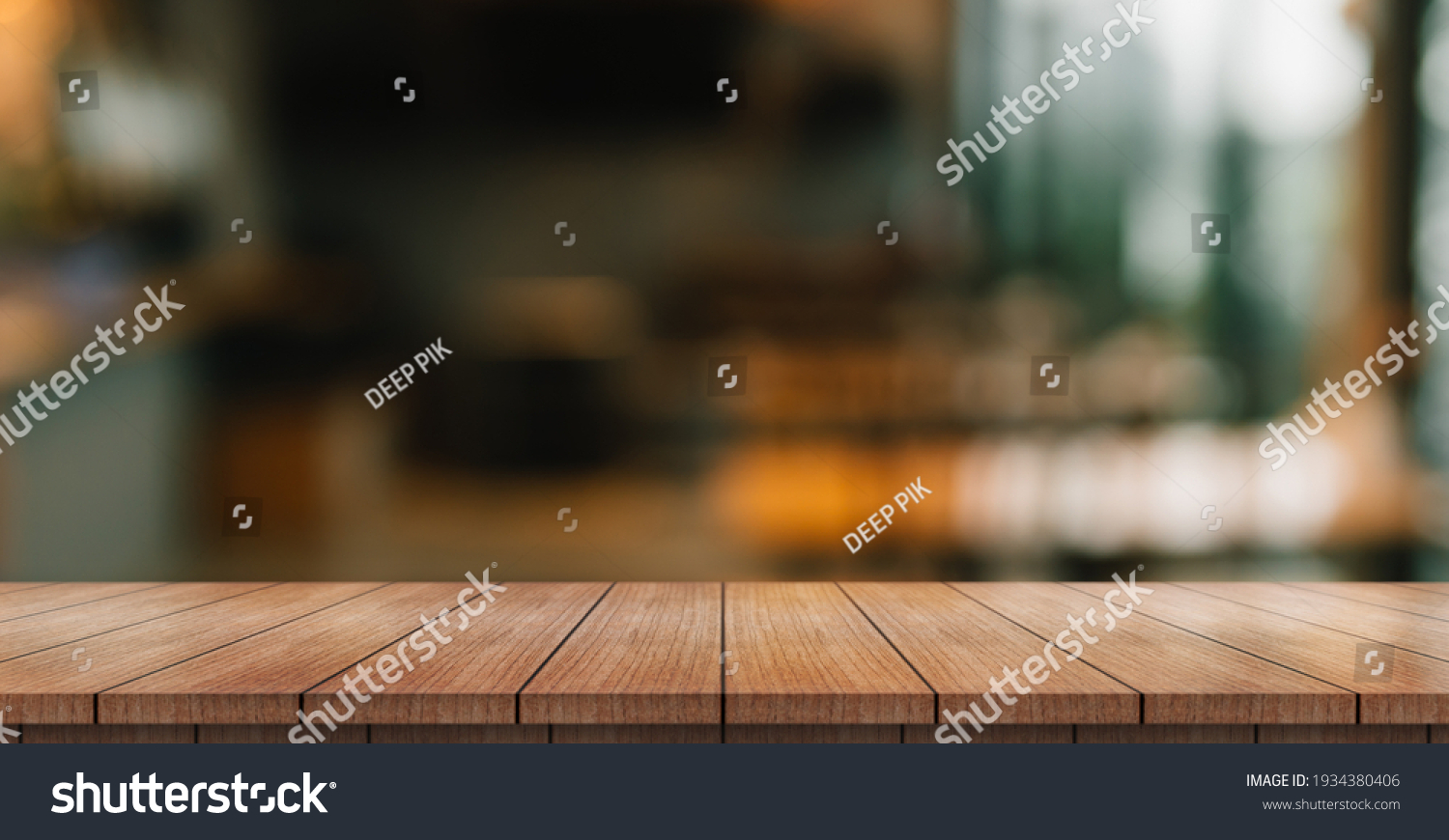 Empty wooden table top with lights bokeh on blur restaurant background. #1934380406