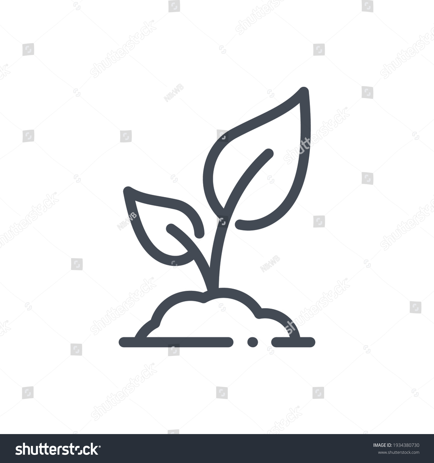 Sprout plant in soil with leaves line icon. Seedling vector outline sign. #1934380730
