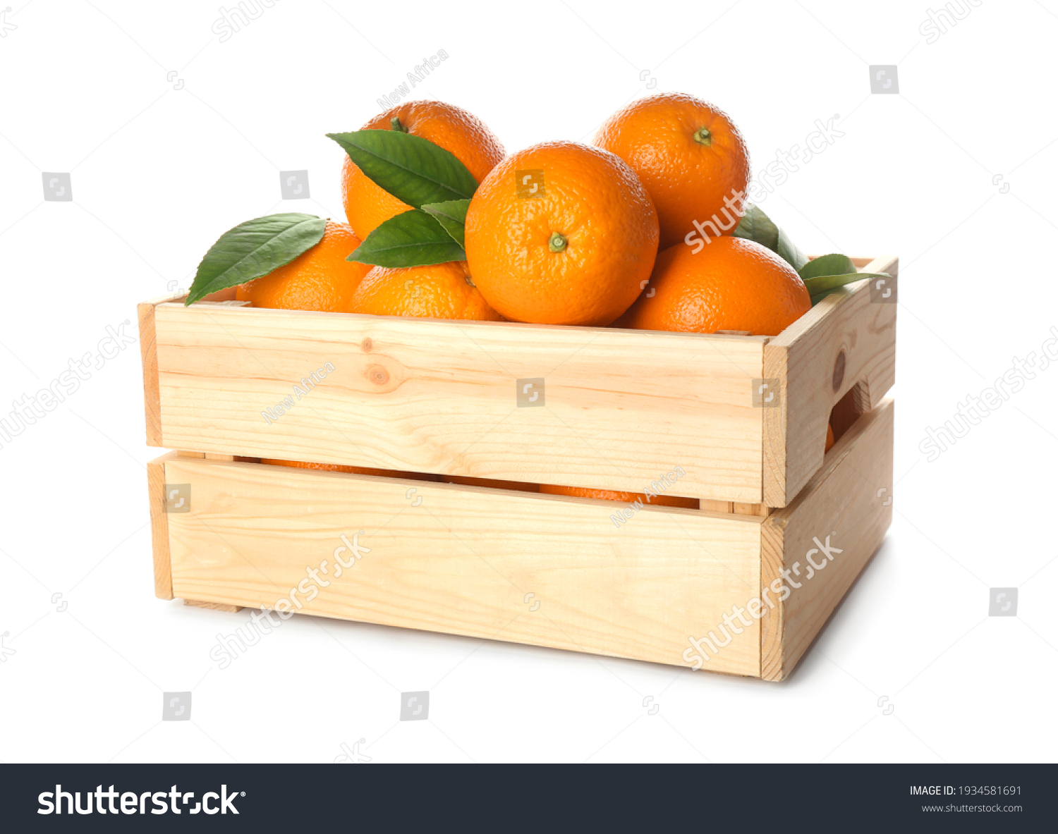 Fresh ripe oranges with green leaves in wooden crate on white background #1934581691
