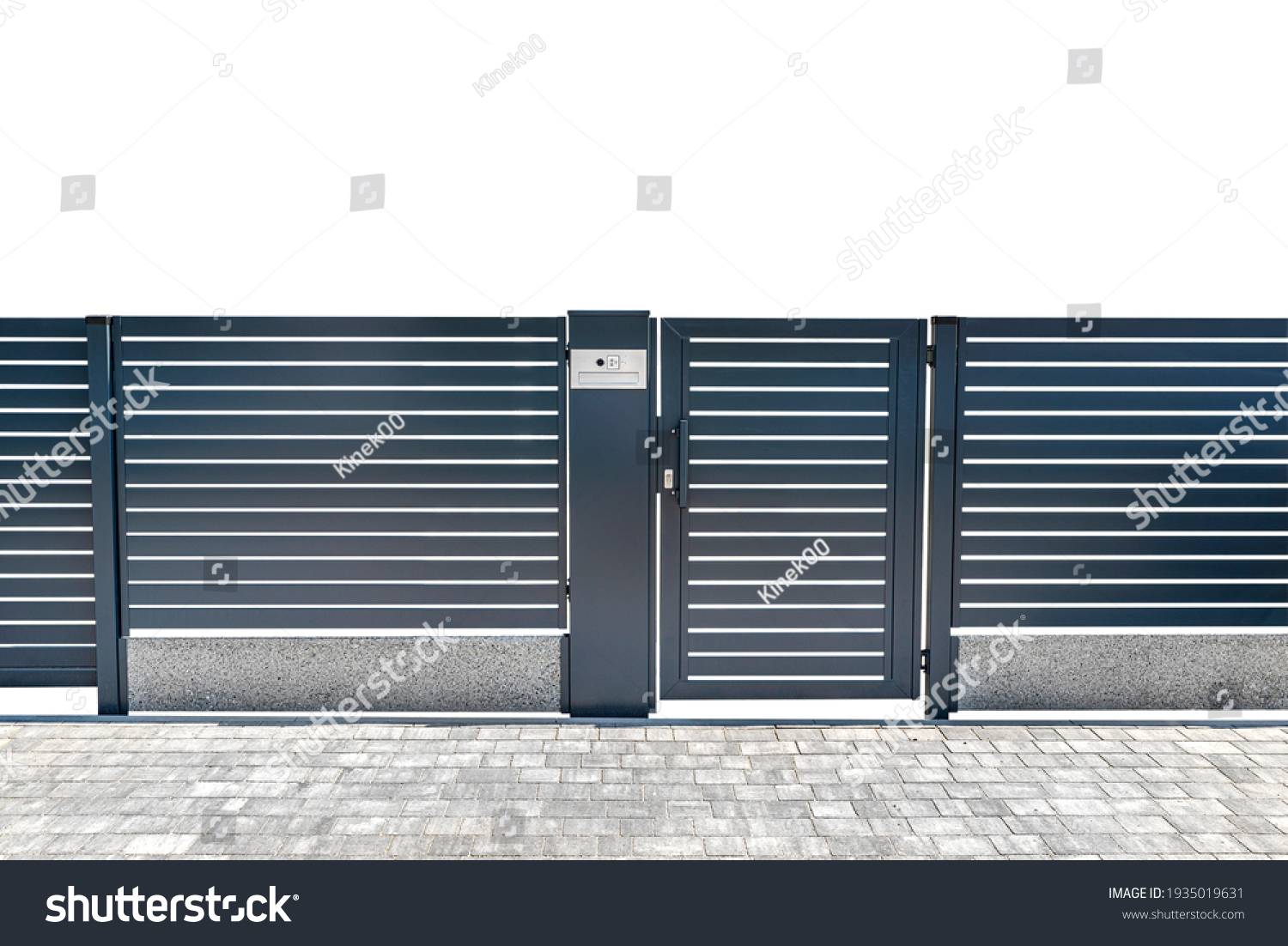 Modern panel fencing in anthacite color, visible wicket with videophone, isolated on white background with a clipping path, with space for text at the top. #1935019631
