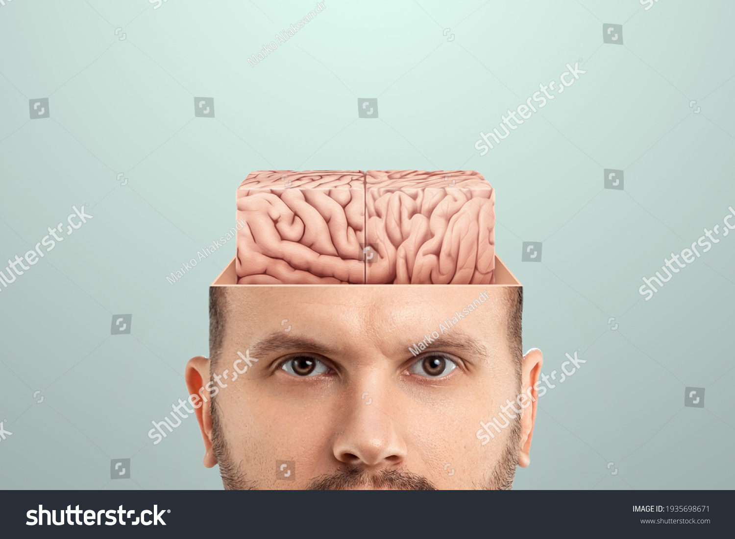 The concept of non-standard thinking and creativity., The male head is open from which the square brain is visible. Creative background, brain, fantasy, genius, creativity, not what it seems #1935698671
