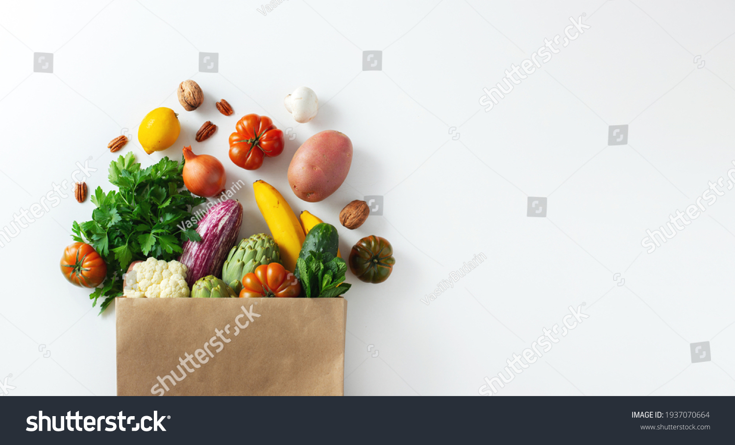 Delivery healthy food background. Healthy vegan vegetarian food in paper bag vegetables and fruits on white, copy space, banner. Shopping food supermarket and clean vegan eating concept. #1937070664