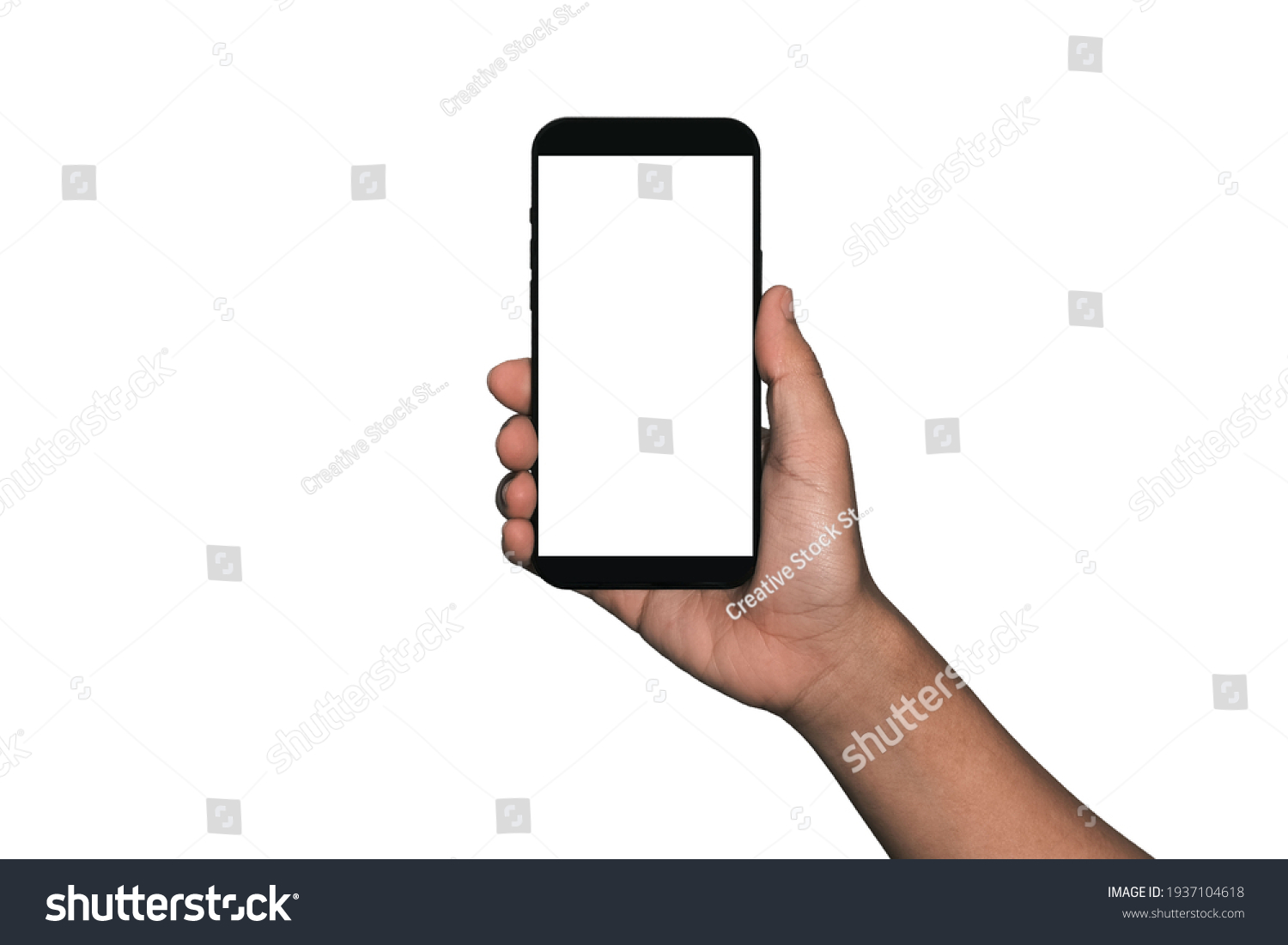 Hand holding Smartphone iPhone  and isolated on white background for your mobile phone app or web site design, logo Global Business technology - include clipping path. (Businessman hand iPhone) #1937104618
