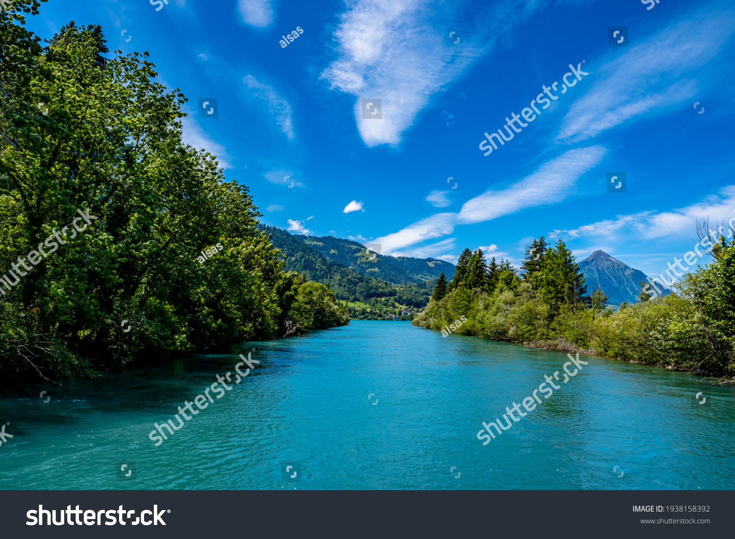 River and mountains with blue sky - Interlaken, Switzerland #1938158392