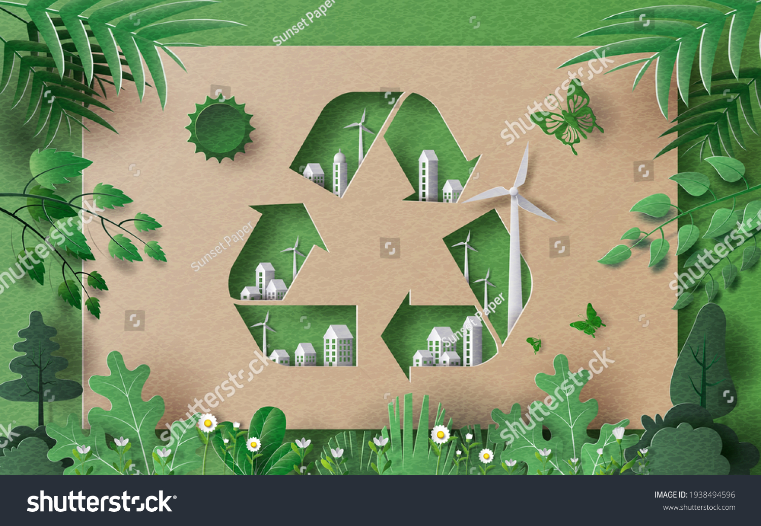 Recycle Symbol with many building and green leaves, save the planet and energy concept, paper illustration, and 3d paper. #1938494596