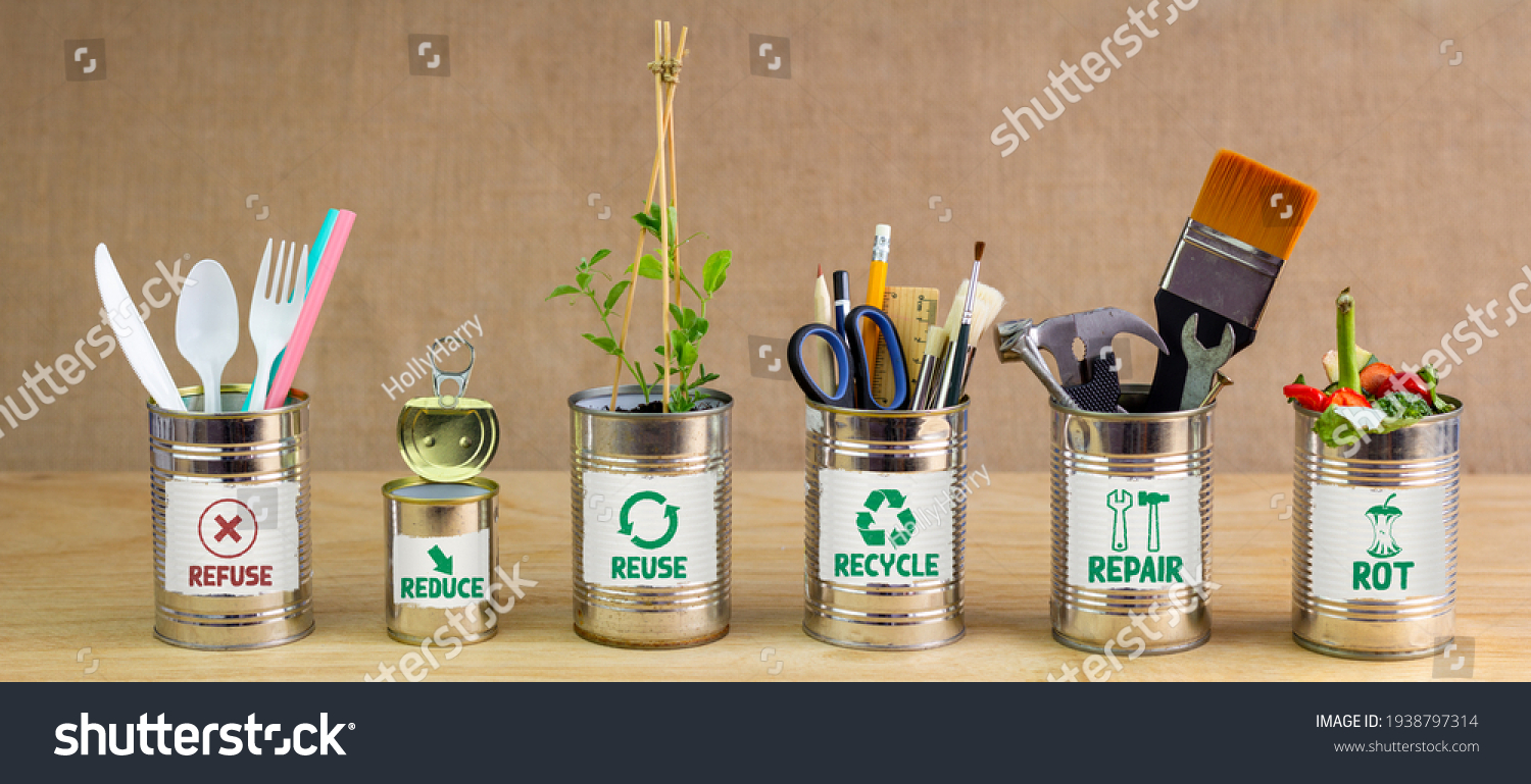 Zero Waste management in 6 tin cans with labels and symbols. Refuse, reduce, recycle, repair, reuse, rot. Sustainable living and zero waste concept #1938797314