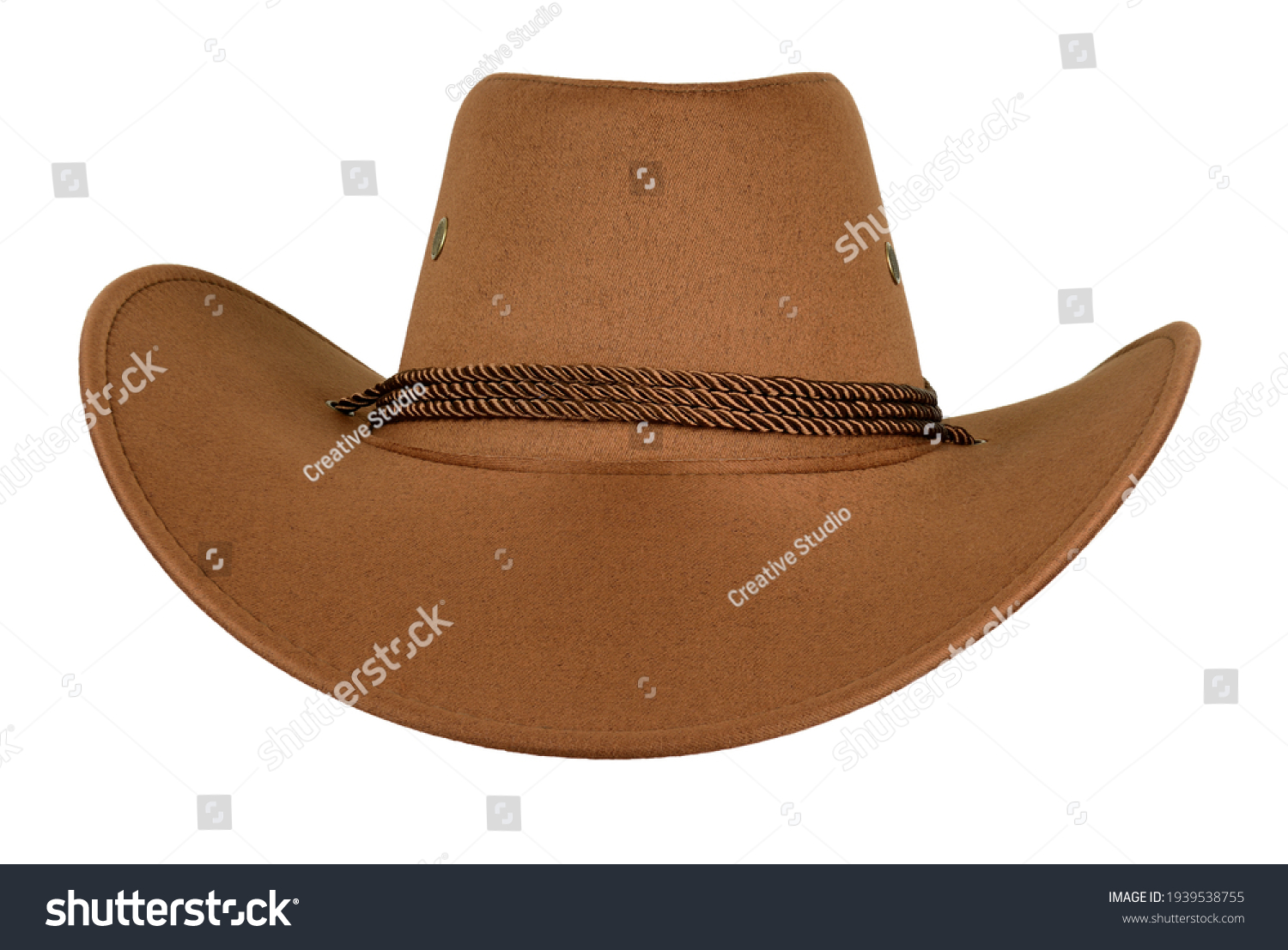 A brown cowboy hat isolated on a white background front view #1939538755