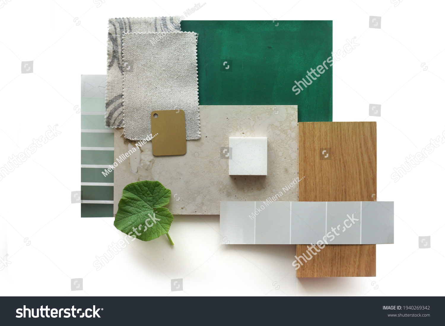 Top view moodboard. Material samples. Green, stone, wood.          #1940269342