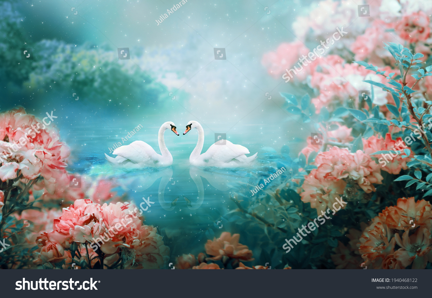 Two white swans couple swimming in lake, fantasy magical enchanted fairy tale landscape with elegant birds in love, fairytale blooming pink rose flower garden on mysterious blue background in night #1940468122