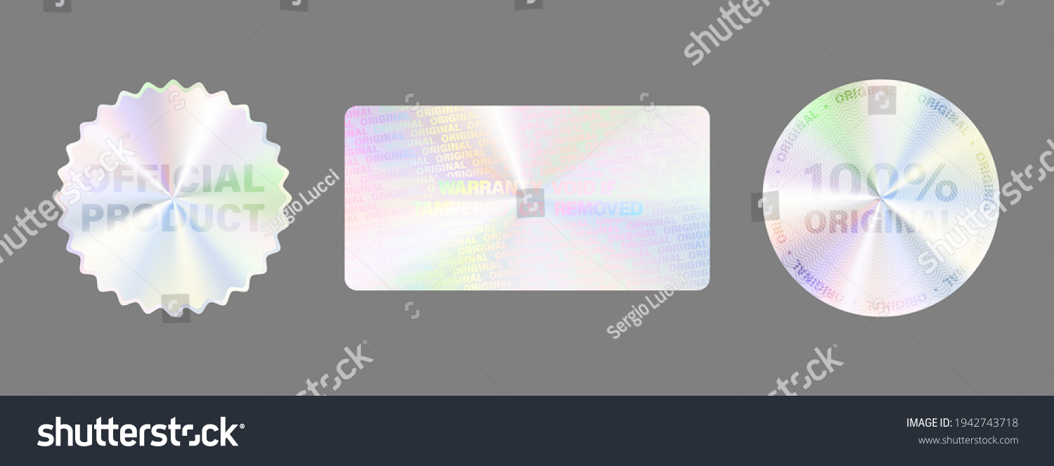 Hologram Label Set Isolated. Vector Holographic Sticker Collection. Geometric Hologram Seal For Product Guarantee, Sticker Design. Product Certification Symbol. Quality Holographic Sticker Set. #1942743718