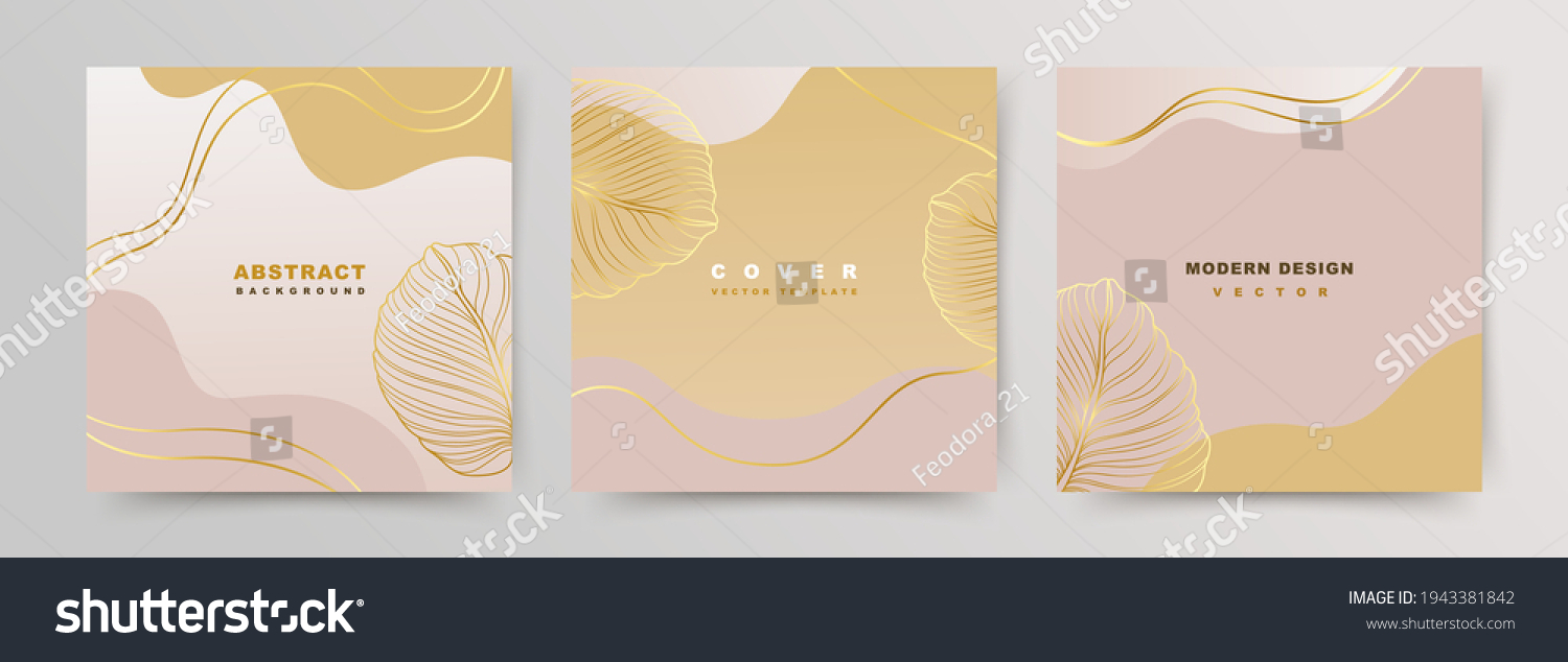  Set of square covers with luxury elegant minimalist backgrounds. Social media stories and post templates. Greeting card and invitation. Vector floral shapes, gold on pink beige background. #1943381842