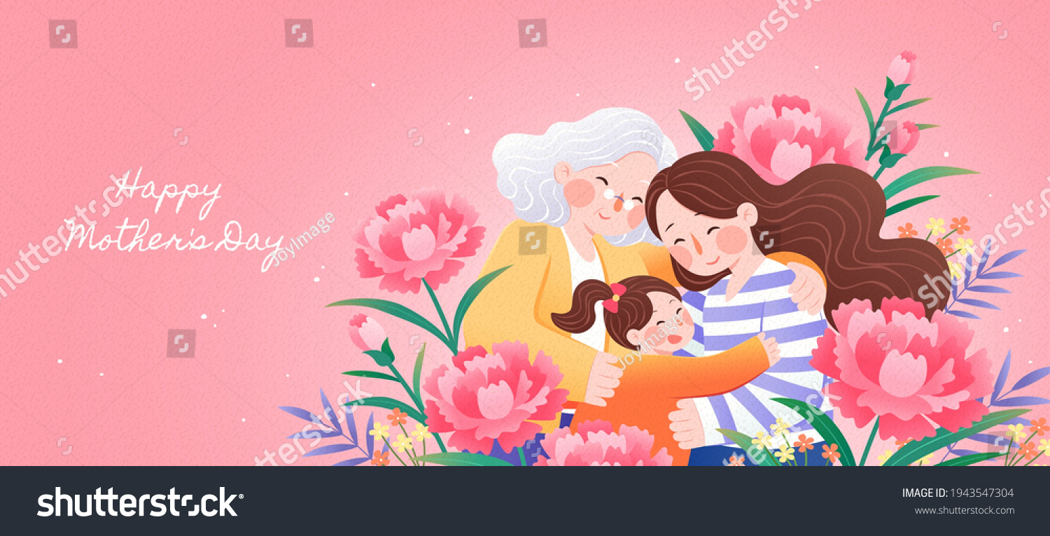 Three generations all together celebrating happy mother's day with arms holding each others and be surrounded by carnation flowers #1943547304